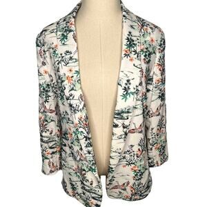 H&M Womens 10 Floral BIRD Print Blazer $115 SILKY Jacket White Green Pink